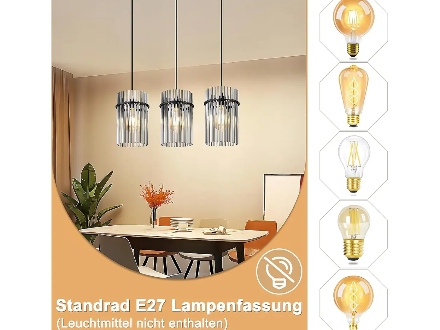 Lámpara colgante vintage Nettlife negra, lámpara de cristal de 3 luces, casquillo E27, Ø 16 cm, para mesa de comedor, salón (sin bombillas).