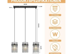 Lámpara colgante vintage Nettlife negra, lámpara de cristal de 3 luces, casquillo E27, Ø 16 cm, para mesa de comedor, salón (sin bombillas).