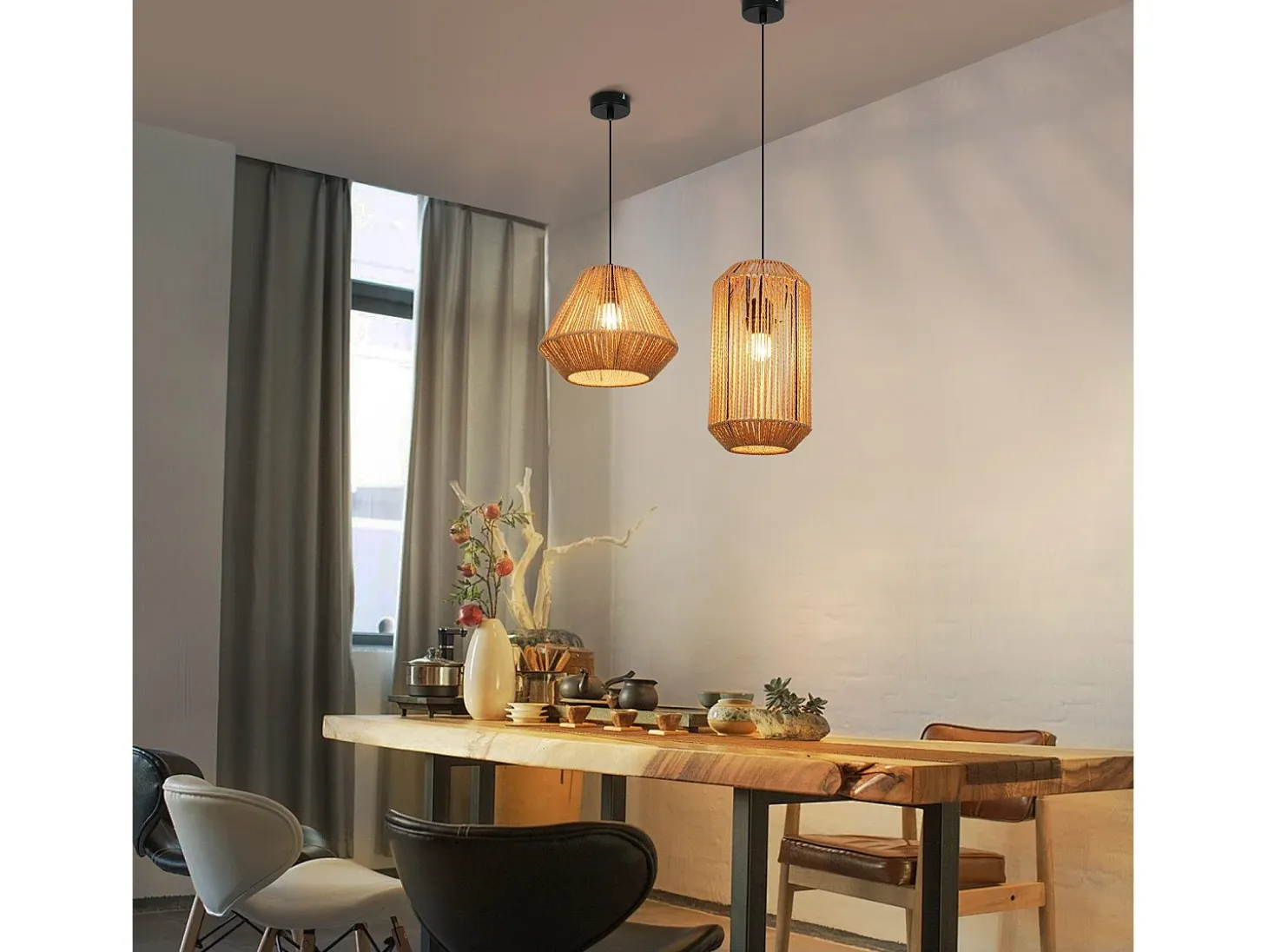 Lámpara colgante vintage para mesa de comedor NETTLIFE, diseño de farol de cuerda de cáñamo de 1 bombilla, E27, para comedor