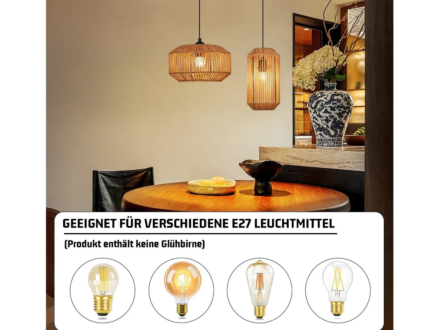 Lámpara colgante vintage para mesa de comedor NETTLIFE, diseño de farol de cuerda de cáñamo de 1 bombilla, E27, para comedor