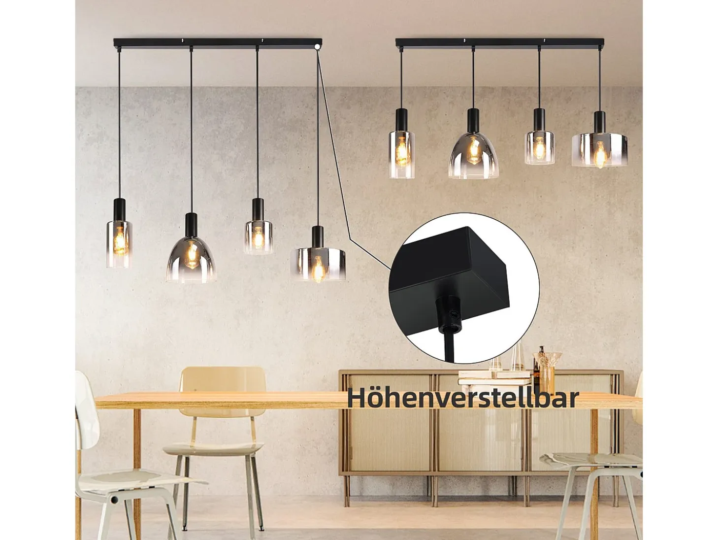 Lámpara colgante vintage para mesa de comedor, de cristal gris ahumado, E27, altura ajustable para sala de estar