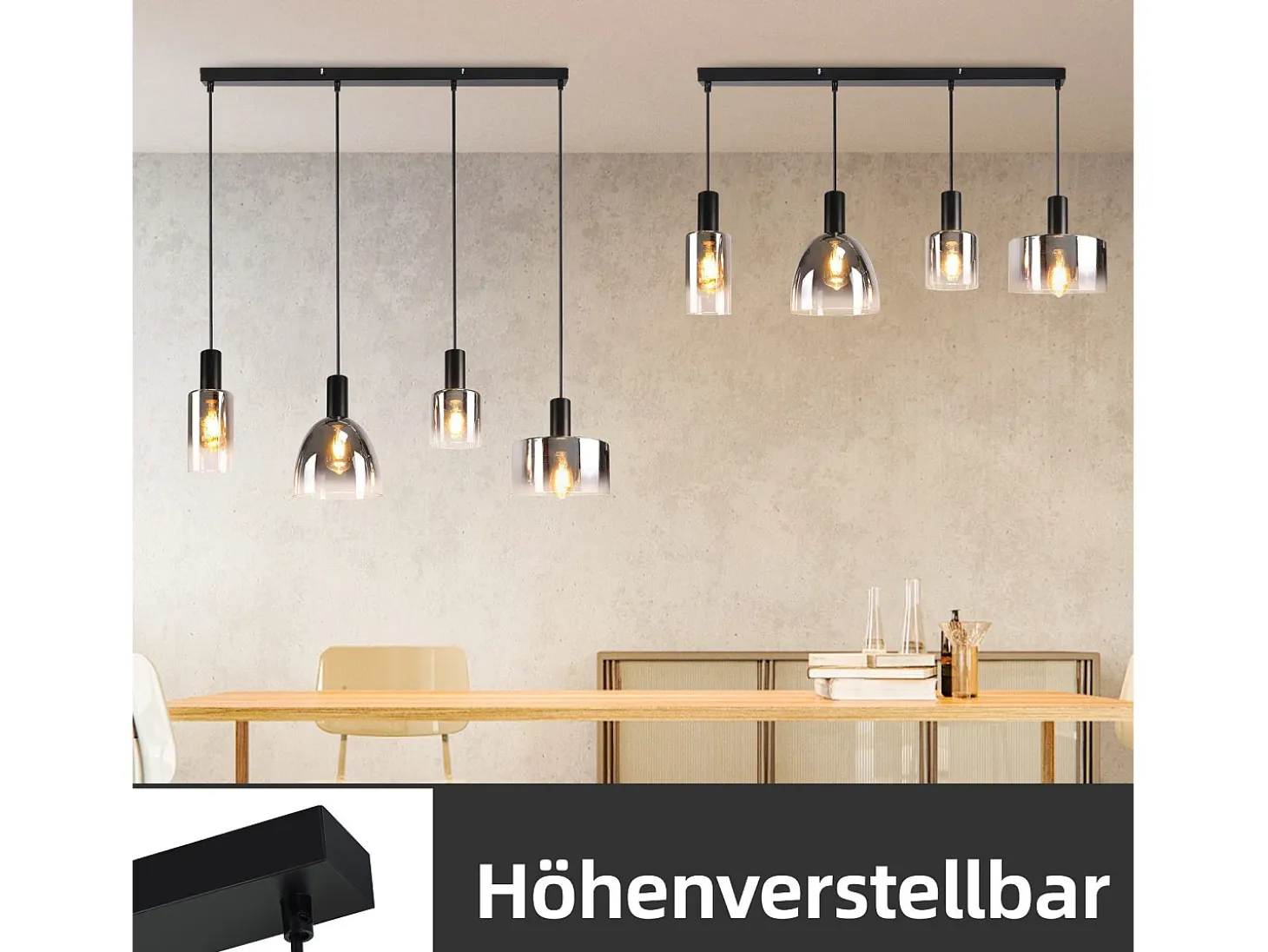 Lámpara colgante vintage para mesa de comedor, de cristal gris ahumado, E27, altura ajustable para sala de estar