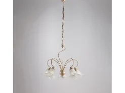 Lámpara de araña Alice en hierro lacado marfil con decoración. Difusores de oro antiguo y cristal d. 14 alabastro blanco 5 luces 106 Ø57