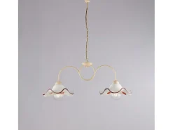 Lámpara de araña Anemone en hierro lacado marfil y dec. Efecto decapé con difusores cerámicos d. 30 blanco y marrón 2 luces L. 81 X 30