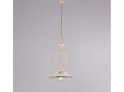 Lámpara de araña Bistrot en hierro lacado marfil y decoraciones. Efecto decapé con difusor cerámico d. 30 blanco y marrón 1 luz 105 Ø30