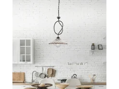 Lámpara de araña Bistrot en hierro lacado en negro y decoraciones. Efecto óxido con difusor cerámico d. 30 blanco y marrón 1 luz 105 Ø30