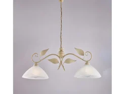 Lámpara de araña en hierro lacado en marfil con dec. Difusores de oro antiguo y cristal d. 30 alabastro blanco 2 luces L. 96 X 30
