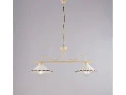 Lámpara de araña Osteria en hierro lacado marfil y dec. Efecto decapé con difusores cerámicos d. 30 blanco y marrón 2 luces L. 83 X 30