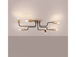 Lámpara De Araña Timbo Desván De Acero/Madera - 6 Fuentes Luminosas - L.85 X A.16,5 Cm - Negro/Madera Natural