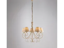 Lámpara de araña vienesa en hierro lacado marfil con decoración. Oro antiguo y pantallas de lámparas d. 13 en pvc efecto tela de yute 5 luces 118 Ø60