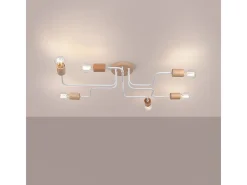 Lámpara de araña Zimbo desván de acero/madera - 6 fuentes luminosas 4000K - L.85 x A.16,5 cm - blanco/madera natural