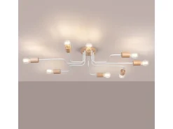 Lámpara de araña Zimbo desván de acero/madera - 8 fuentes luminosas 4000K - L.100 x A.16,5 cm - blanco/madera natural