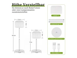 Lámpara de mesa LED inalámbrica NETTLIFE, funciona con pilas, regulable de 3000 K a 6500 K, recargable por USB-C, altura ajustable, resistente al agua.