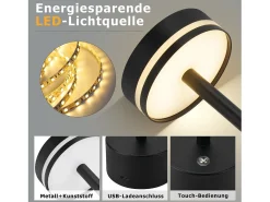 Lámpara de mesa LED inalámbrica Nettlife, regulable de 3000k a 6500k, con puerto USB-C, táctil, color negro