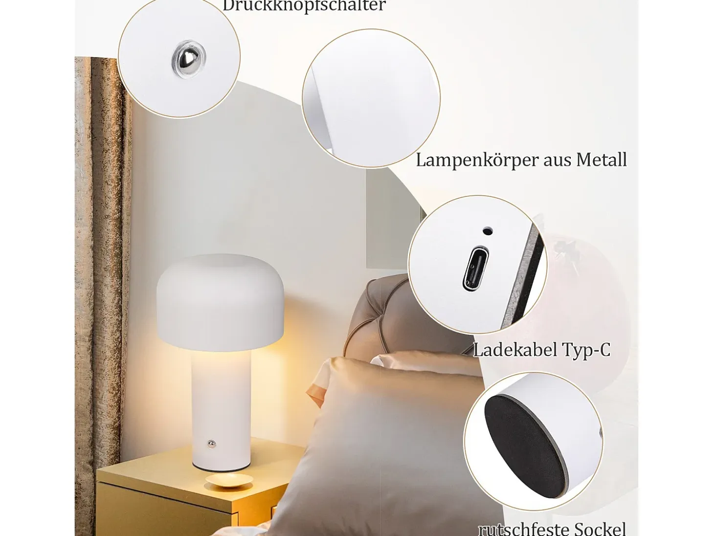 Lámpara de mesa LED inalámbrica con funcionamiento a batería y regulable de 2 W de NETTLIFE, lámpara de noche para dormitorio, lámpara pequeña con forma de hongo
