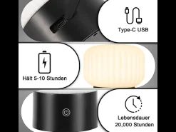 Lámpara de mesa LED inalámbrica NETTLIFE: lámpara táctil recargable por USB, blanca, regulable, resistente al agua IP44, redonda de cristal.