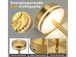 Lámpara de mesa LED inalámbrica NETTLIFE Meoaow, recargable por USB-C, regulable, control táctil, dorada, ideal para dormitorio y comedor.