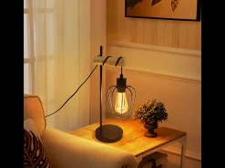 Lámpara de mesa NETTLIFE para salón, lámpara de mesa vintage de madera: lámpara de noche negra, 1 luz, diseño industrial, metal, casquillo E27 sin bombilla