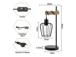 Lámpara de mesa NETTLIFE para salón, lámpara de mesa vintage de madera: lámpara de noche negra, 1 luz, diseño industrial, metal, casquillo E27 sin bombilla