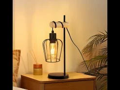 Lámpara de mesa NETTLIFE para salón, lámpara de mesa vintage de madera: lámpara de noche negra, 1 luz, diseño industrial, metal, casquillo E27 sin bombilla