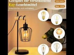 Lámpara de mesa NETTLIFE para salón, lámpara de mesa vintage de madera: lámpara de noche negra, 1 luz, diseño industrial, metal, casquillo E27 sin bombilla
