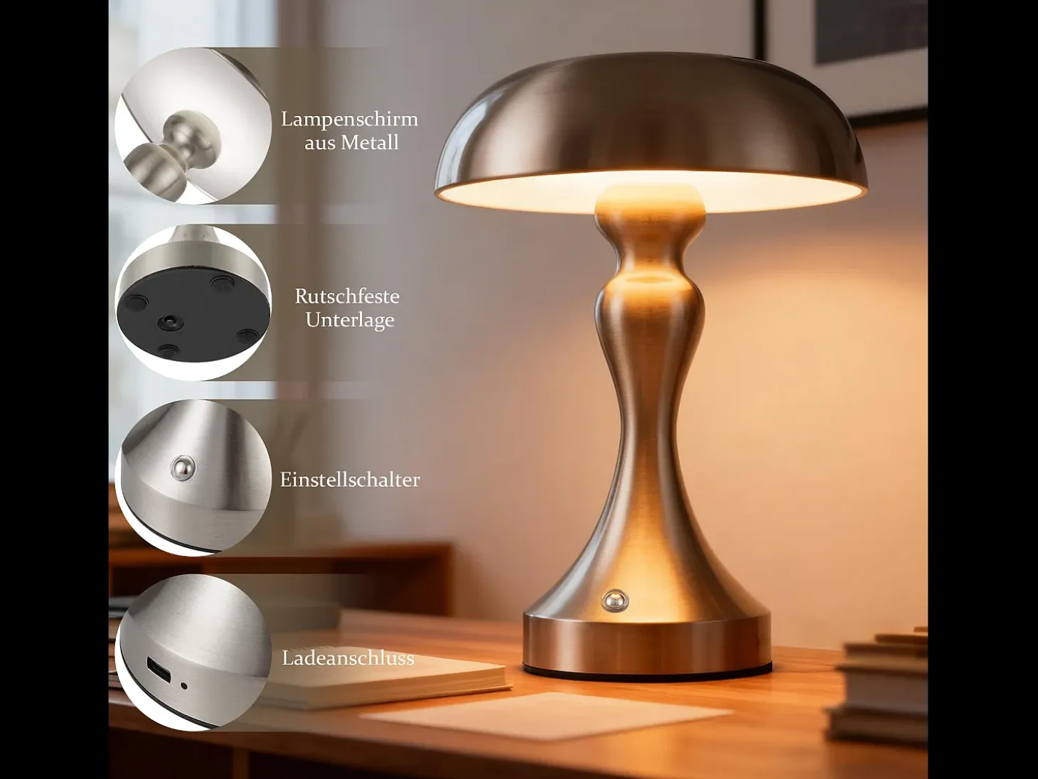 Lámpara de noche LED NETTLIFE, táctil, regulable, inalámbrica, con batería, vintage, recargable por USB