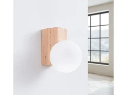 Lámpara De Pared Bulbo Moderno De Madera/Vidrio - 1 Fuentes Luminosas - L.12 X A.17 Cm - Madera Natural/Blanco