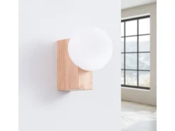 Lámpara De Pared Bulbo Moderno De Madera/Vidrio - 1 Fuentes Luminosas - L.12 X A.17 Cm - Madera Natural/Blanco