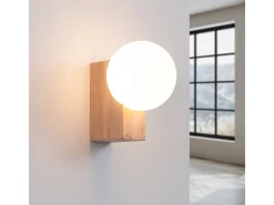 Lámpara De Pared Bulbo Moderno De Madera/Vidrio - 1 Fuentes Luminosas - L.12 X A.17 Cm - Madera Natural/Blanco