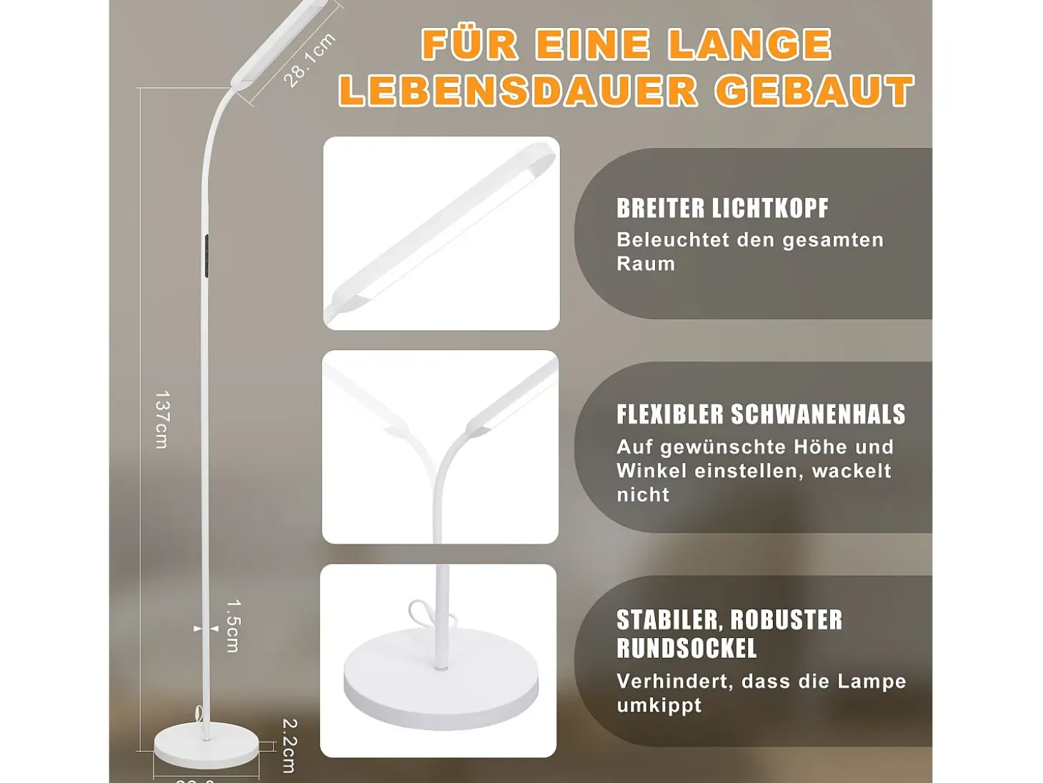 Lámpara de pie LED NETTLIFE para sala de estar, regulable, blanca, 11 W, flexible, 360°, para sofá