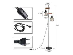 Lámpara de pie NETTLIFE para salón, color negro: lámpara de pie industrial de metal y madera, E27, 2 luces, pantalla de jaula, 152 cm (sin bombilla).