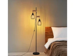 Lámpara de pie NETTLIFE para salón, color negro: lámpara de pie industrial de metal y madera, E27, 2 luces, pantalla de jaula, 152 cm (sin bombilla).
