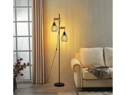 Lámpara de pie NETTLIFE para salón, color negro: lámpara de pie industrial de metal y madera, E27, 2 luces, pantalla de jaula, 152 cm (sin bombilla).
