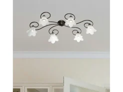 Lámpara de techo Alice en hierro lacado en marrón con decoración. Difusores de oro antiguo y cristal d. 14 alabastro blanco 6 luces L. 99 X 50