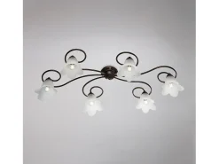 Lámpara de techo Alice en hierro lacado en marrón con decoración. Difusores de oro antiguo y cristal d. 14 alabastro blanco 6 luces L. 99 X 50
