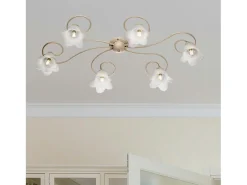 Lámpara de techo Alice en hierro lacado marfil con decoración. Difusores de oro antiguo y cristal d. 14 alabastro blanco 6 luces L. 99 X 50