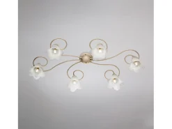 Lámpara de techo Alice en hierro lacado marfil con decoración. Difusores de oro antiguo y cristal d. 14 alabastro blanco 6 luces L. 99 X 50