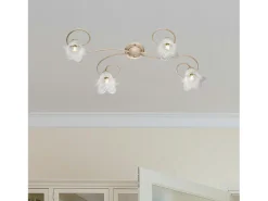 Lámpara de techo Alice en hierro lacado marfil con decoración. Difusores de oro antiguo y cristal d. 14 alabastro blanco 4 luces L. 87 X 40