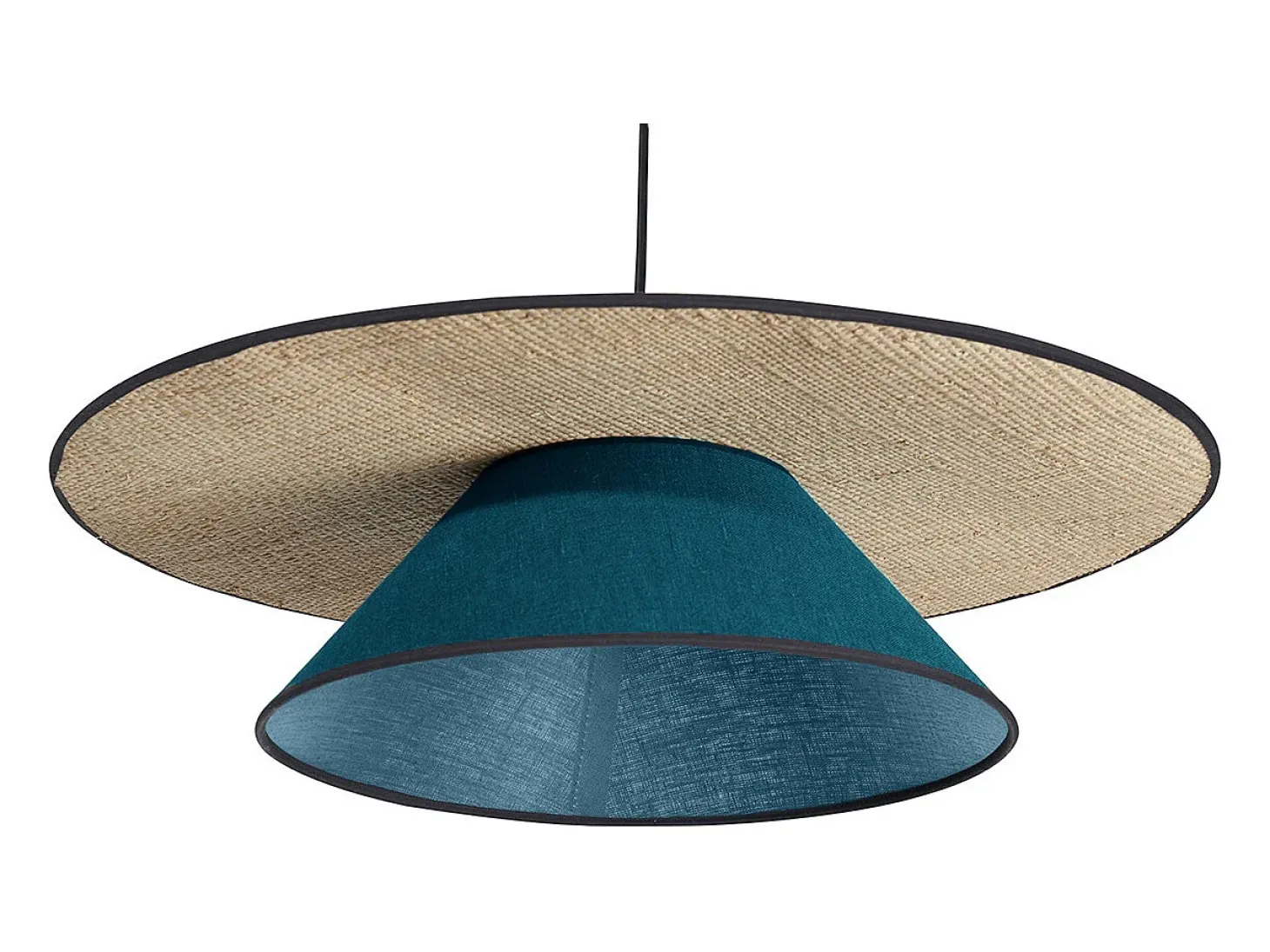 Lámpara de techo de lino azul pavo real y rafia natural 55 cm AZAMI