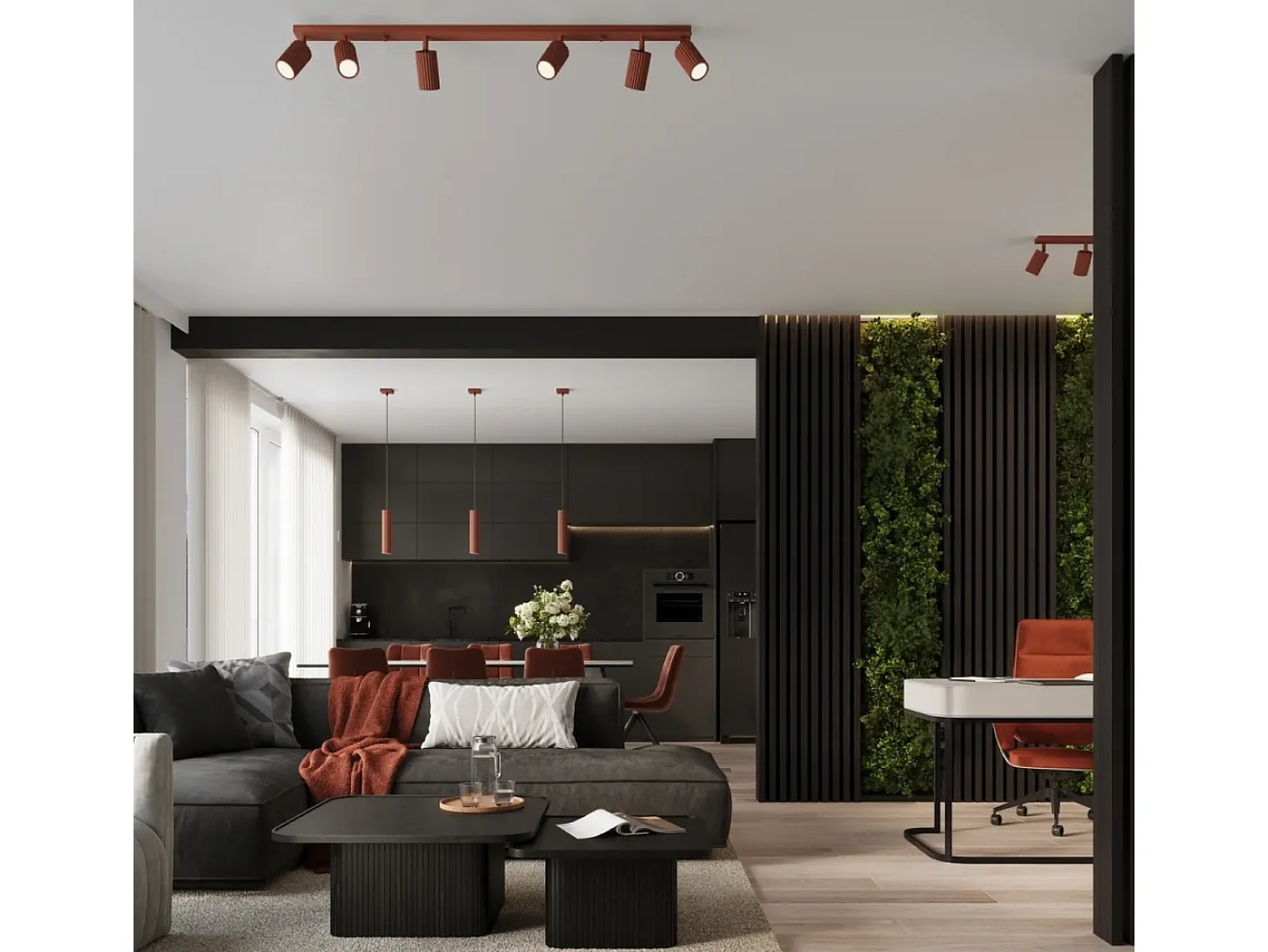 Lámpara De Techo Karbon Minimalista De Aluminio - 6 Fuentes Luminosas - L.117 X A.16,5 Cm - Ocre Rojo