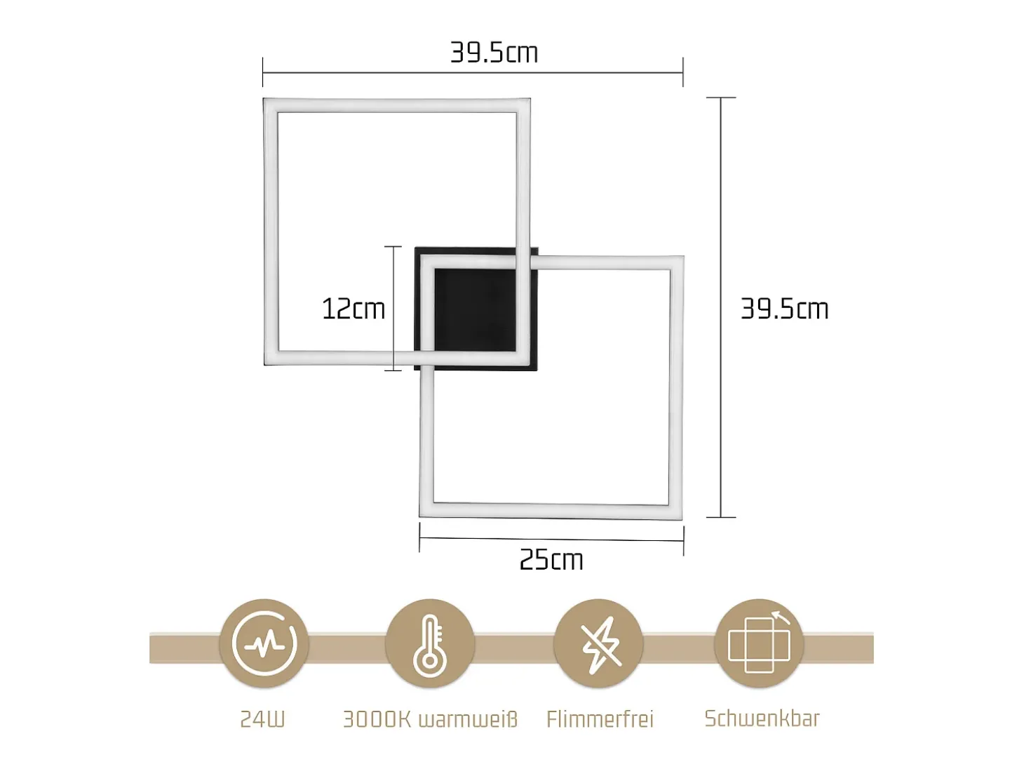 Lámpara de techo LED NETTLIFE para dormitorio, 24 W, para sala de estar, blanca cálida, moderna, cuadrada y negra.