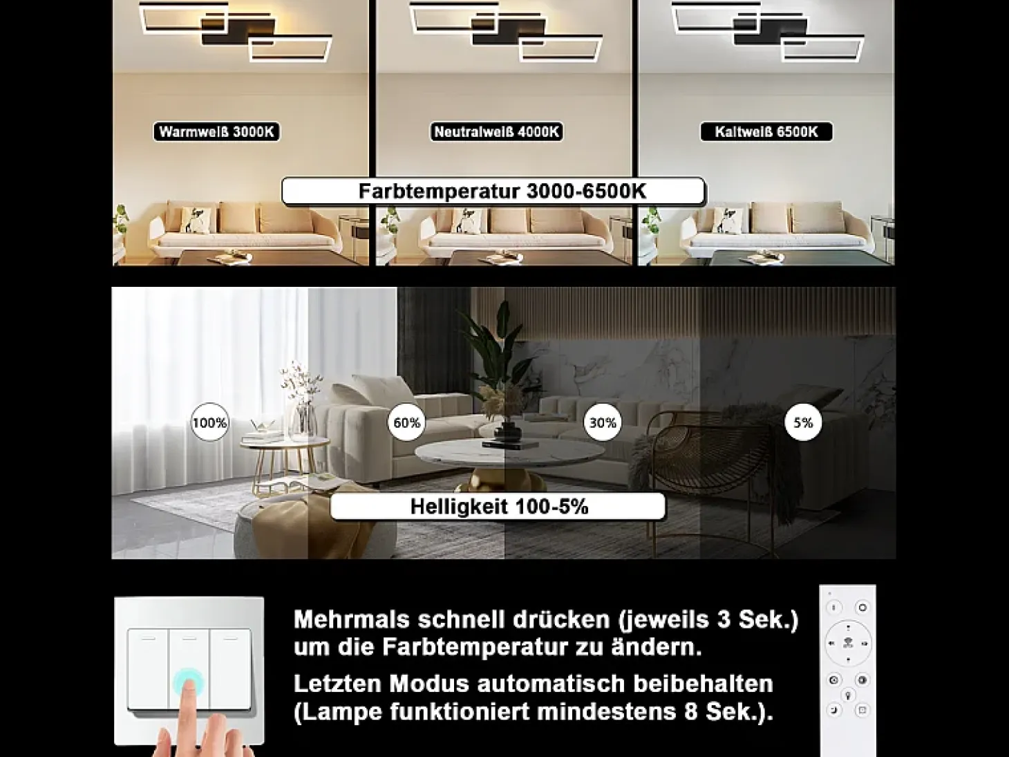 Lámpara de techo LED Nettlife para salón - Lámpara de techo grande negra regulable con mando a distancia, 63 W lámpara de cocina de metal, 80 cm