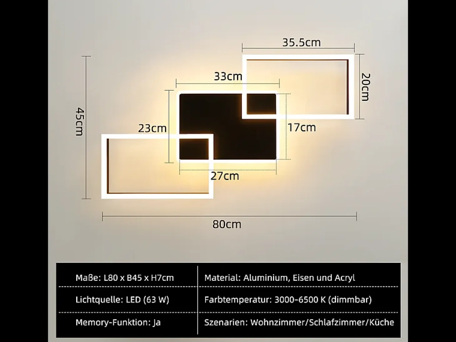 Lámpara de techo LED Nettlife para salón - Lámpara de techo grande negra regulable con mando a distancia, 63 W lámpara de cocina de metal, 80 cm