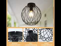 Lámpara de techo NETTLIFE, estilo industrial vintage negro, para pasillo, E27, 1 bombilla, estilo retro, con jaula metálica.