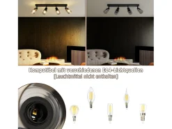 Lámpara de techo NETTLIFE con 4 llamas, color negro, industrial, E14, para sala de estar