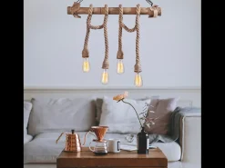 Lámpara rústica colgante de alambre 4 luces cuerdas y madera LOANE - Ambiente cálido y auténtico