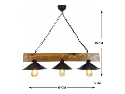 Lámpara rústica de suspensión con 3 luces de madera y negro ENOLA - Diseño elegante para interiores rústicos, industriales o contemporáneos