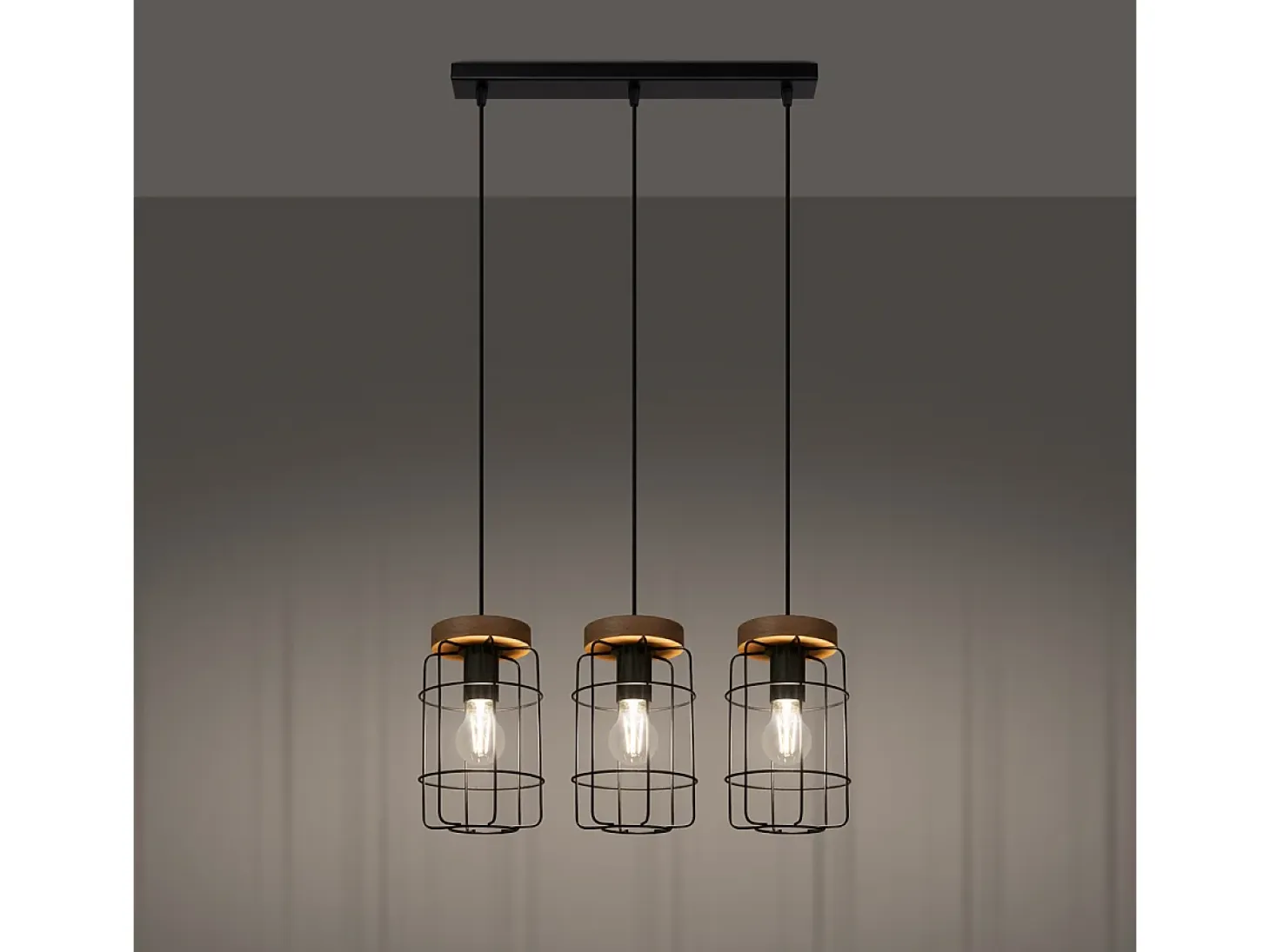 Lámparas Colgantes Gotto Industrial De Acero/Madera - 3 Fuentes Luminosas - L.60 X A.115 Cm - Madera Negra