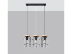 Lámparas Colgantes Gotto Industrial De Acero/Madera - 3 Fuentes Luminosas - L.60 X A.115 Cm - Madera Negra