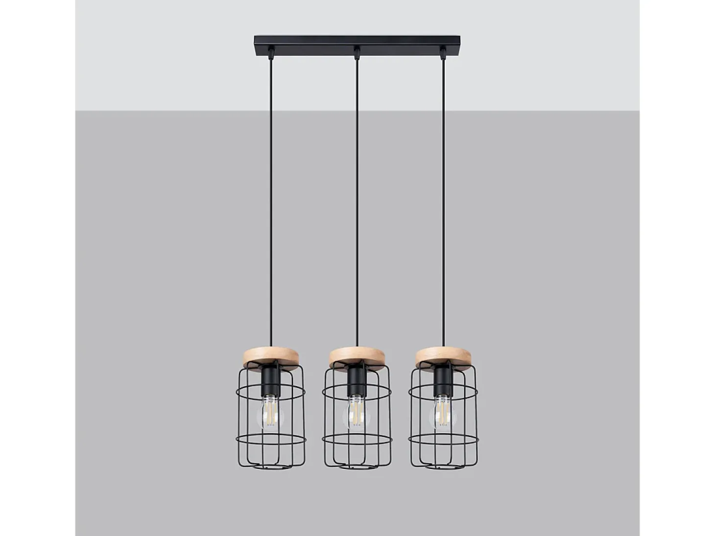 Lámparas Colgantes Gotto Industrial De Acero/Madera - 3 Fuentes Luminosas - L.60 X A.115 Cm - Madera Negra
